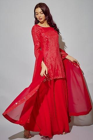 cherry pink georgette sequins embroidered kurta set