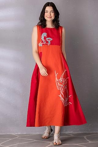 cherry red & burnt orange cotton linen embroidered dress