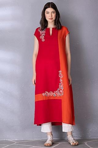 cherry red & orange cotton linen embroidered tunic set
