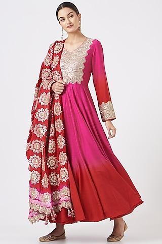 cherry red & pink cotton silk anarkali set