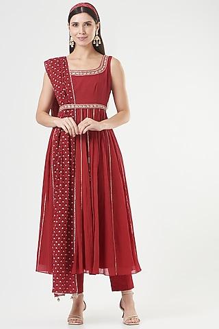 cherry red anarkali with embroidery