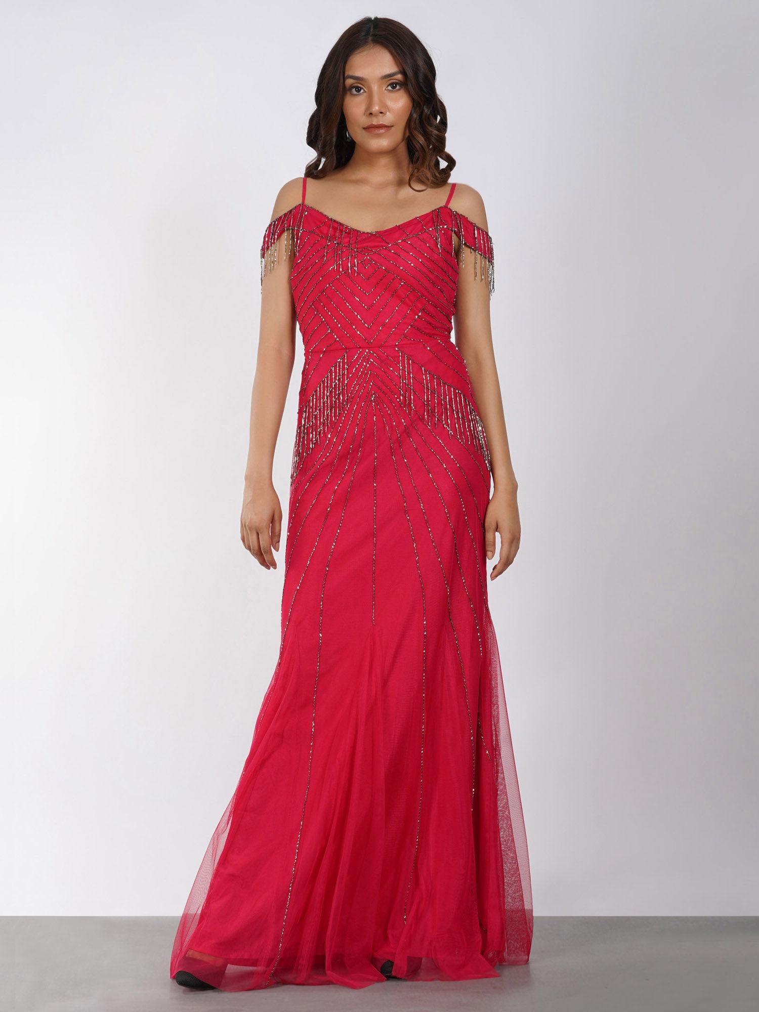cherry red beaded embellished gown