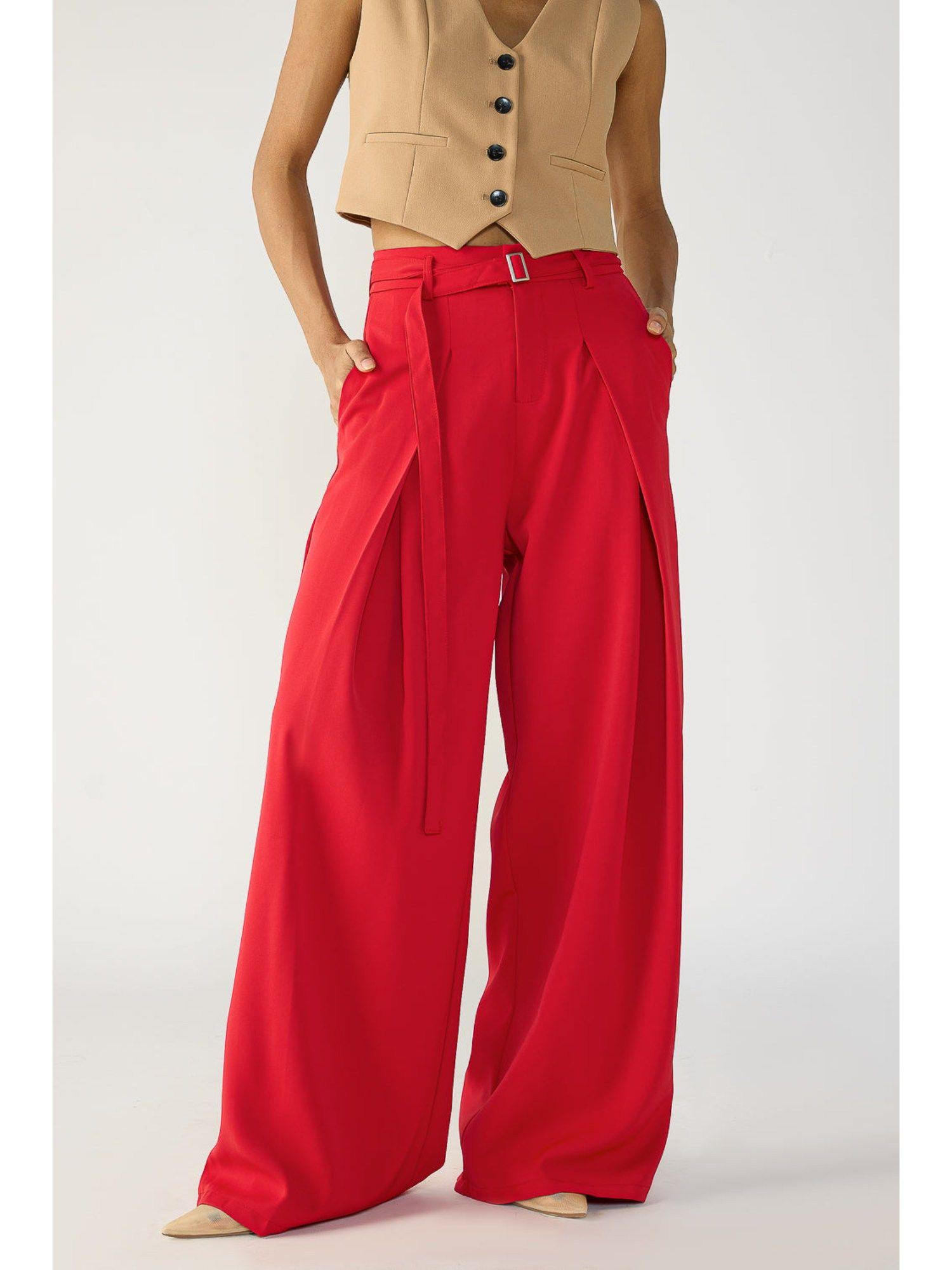 cherry red belted flared korean pant with belt (set of 2)