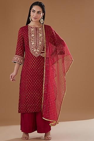 cherry red chiffon printed & embroidered kurta set