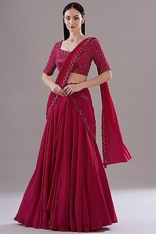 cherry red crepe skirt saree set