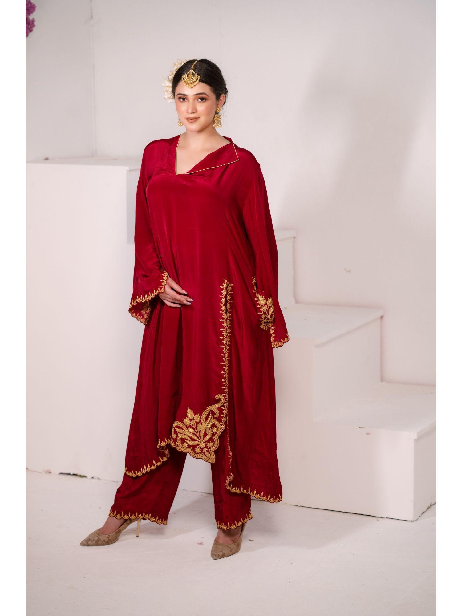 cherry red crepe tilla kurta (set of 2)