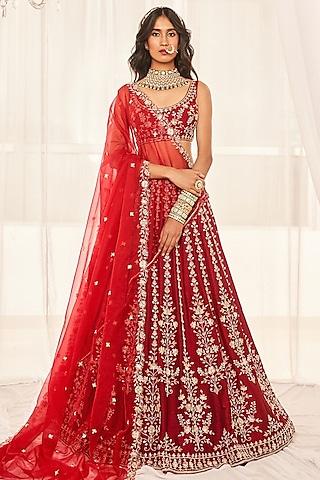 cherry red dupion silk aari & zardosi embroidered lehenga set