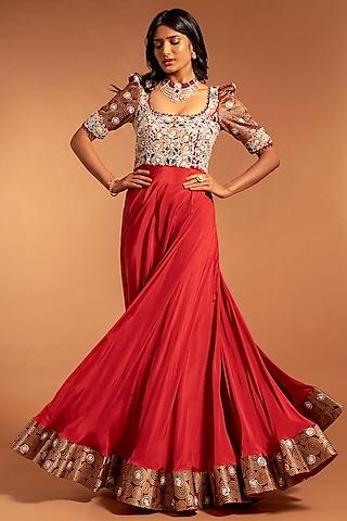 cherry red embroidered & printed umbrella gown