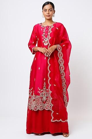 cherry red embroidered anarkali set