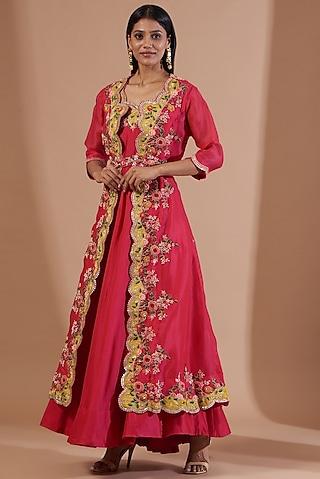 cherry red embroidered anarkali set