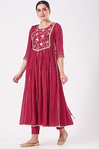 cherry red embroidered crinkled anarkali set