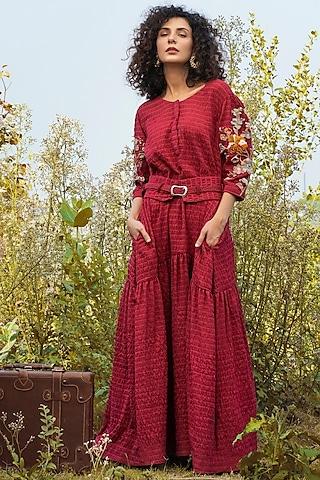 cherry red embroidered dress with crochet belt