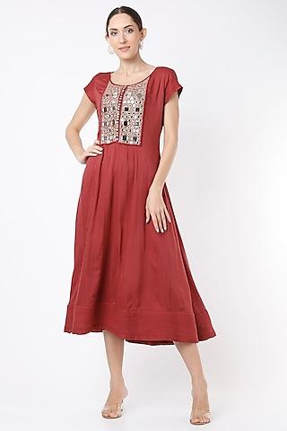 cherry red embroidered midi dress