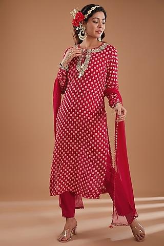 cherry red georgette digital printed & hand embroidered kurta set