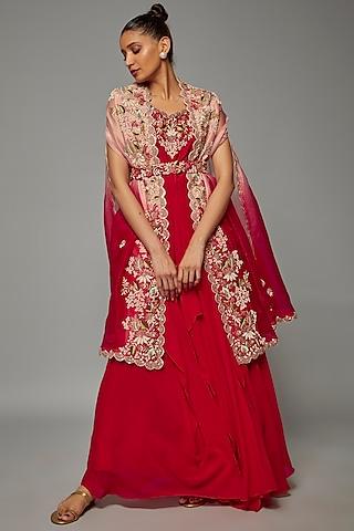 cherry red georgette embroidered anarkali set