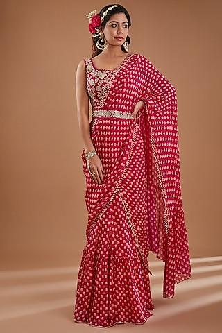 cherry red georgette floral boota printed & embroidered pre-draped saree set