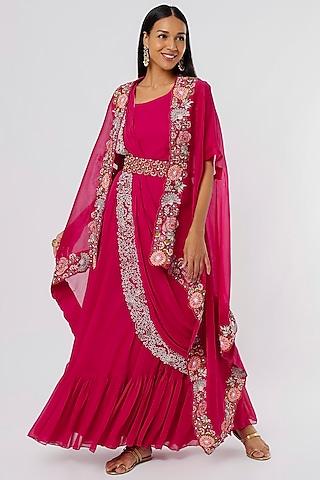 cherry red georgette gown with embroidered drape