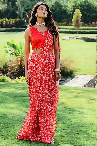 cherry red georgette printed pre-stitched saree set