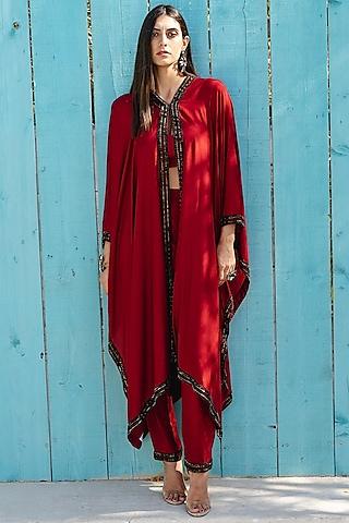 cherry red hand embroidered cape set