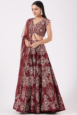 cherry red hand embroidered lehenga set