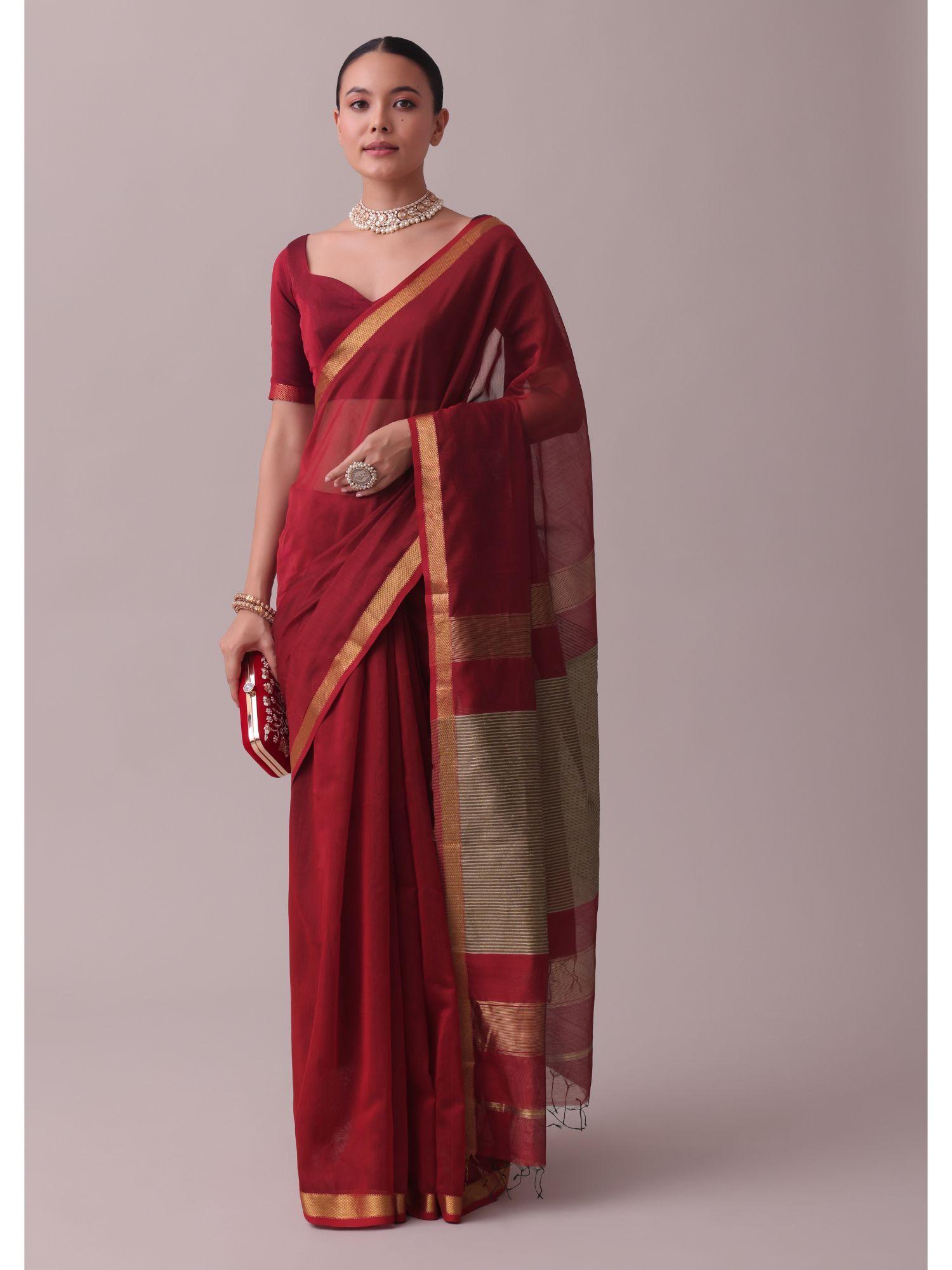 cherry red handloom chanderi silk and cotton saree with zari work with unstitched blouse