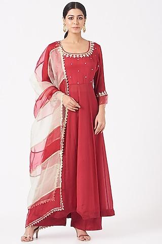 cherry red mirror embroidered anarkali set