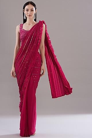 cherry red organza draped saree set