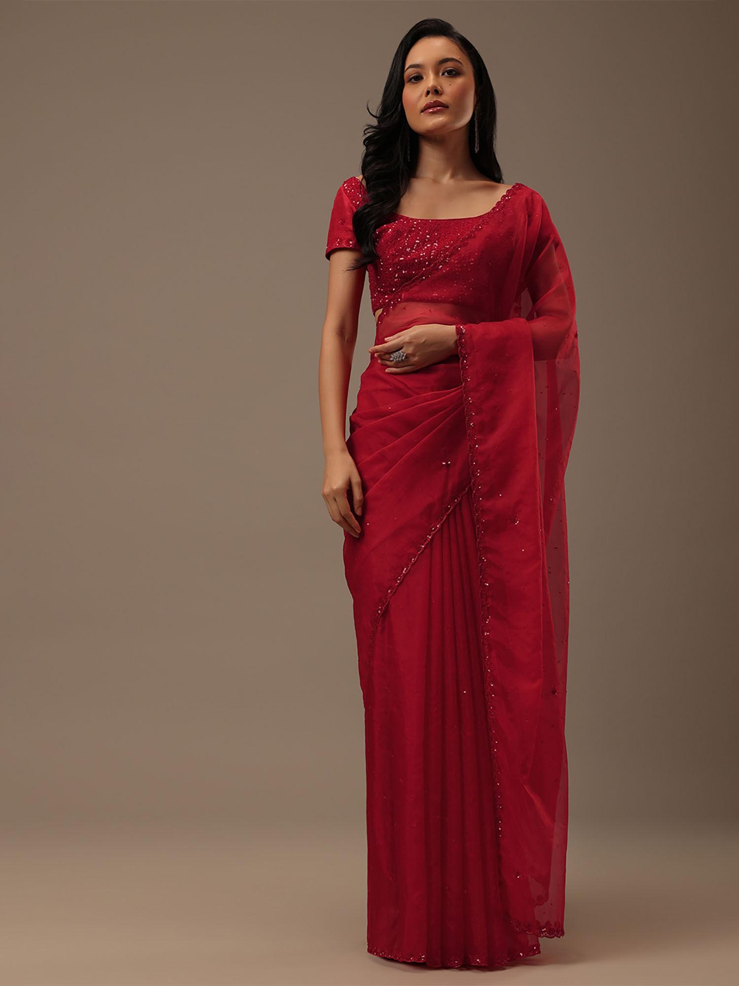 cherry red organza embellished saree with unstitched blouse