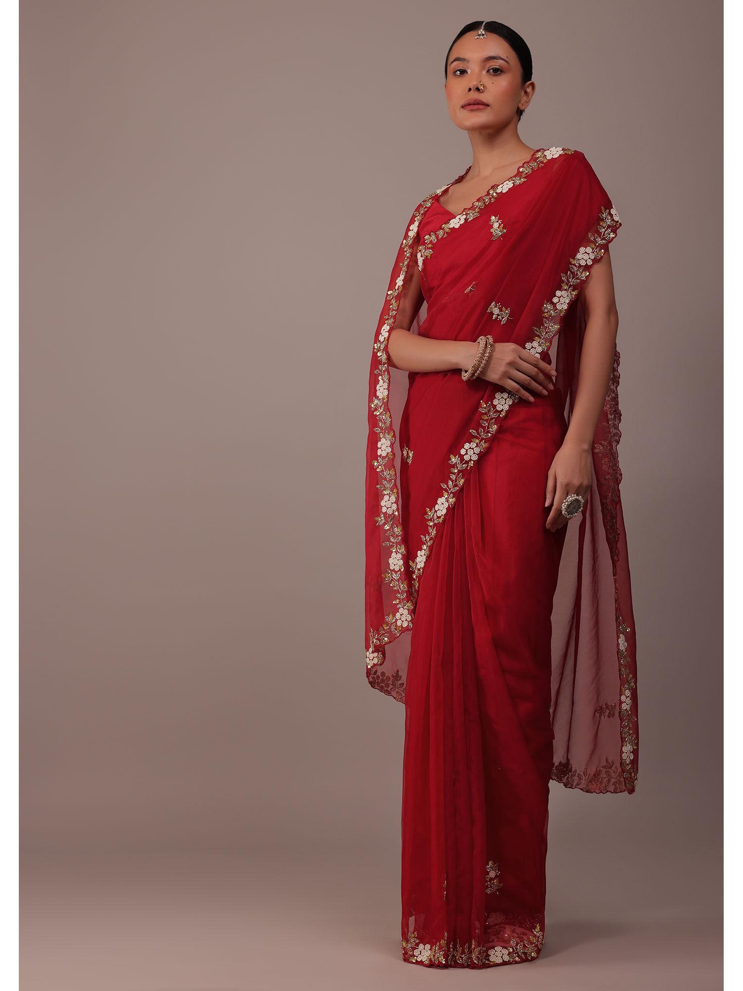 cherry red organza saree with cut dana and moti unstitched blouse