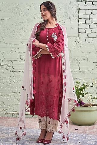 cherry red printed & embroidered kurta set