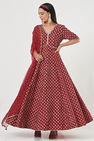 cherry red printed anarkali set