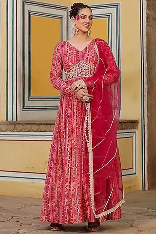 cherry red pure mumul printed gown with dupatta