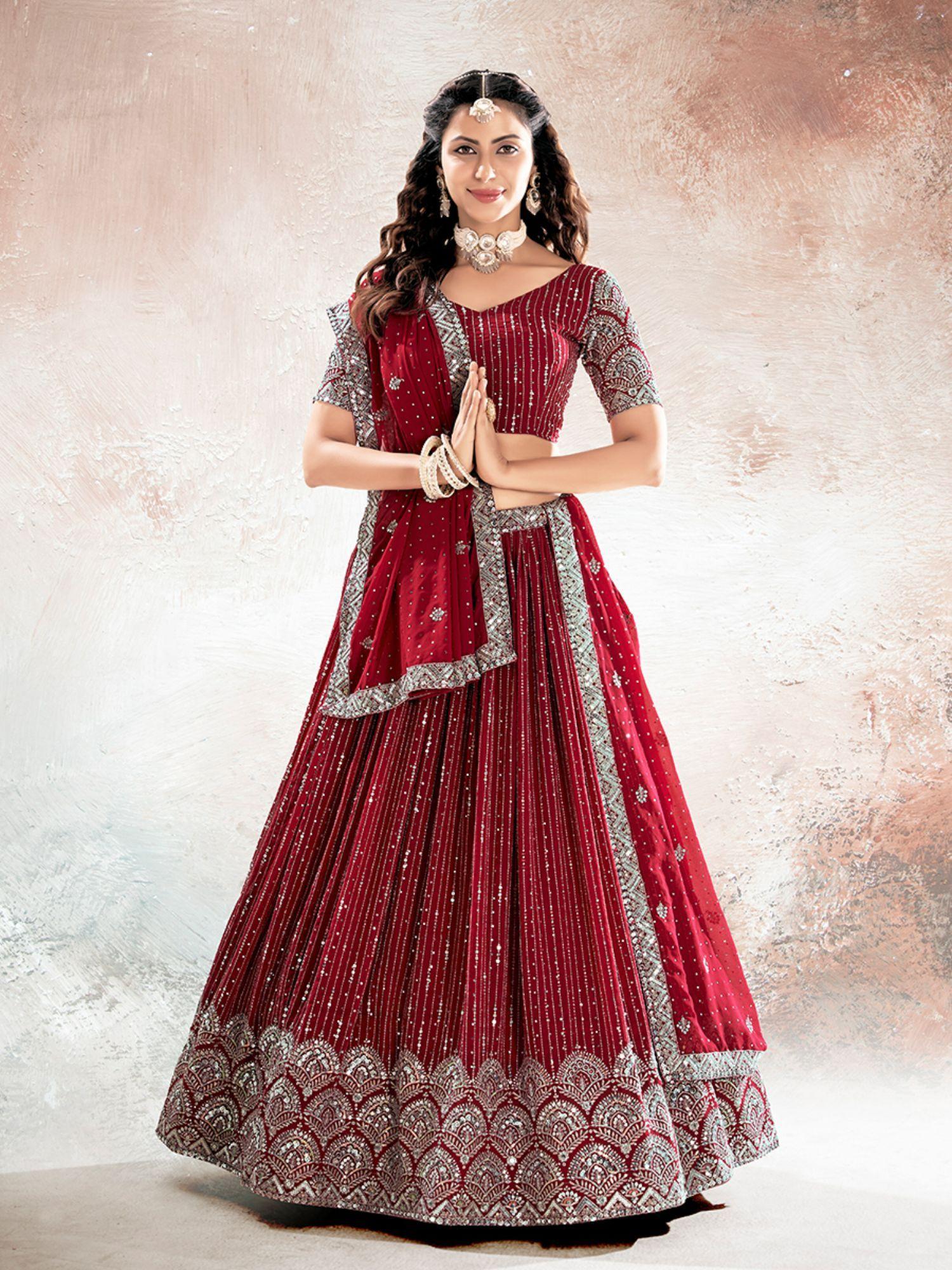 cherry red sequence semi stitched lehenga and unstitched choli with dupatta (set of 3)