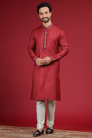 cherry red silk blend embroidered kurta set