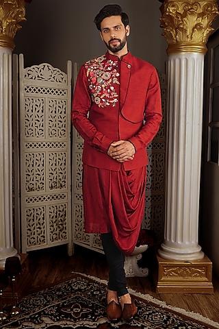 cherry red silk embroidered bundi jacket with kurta set