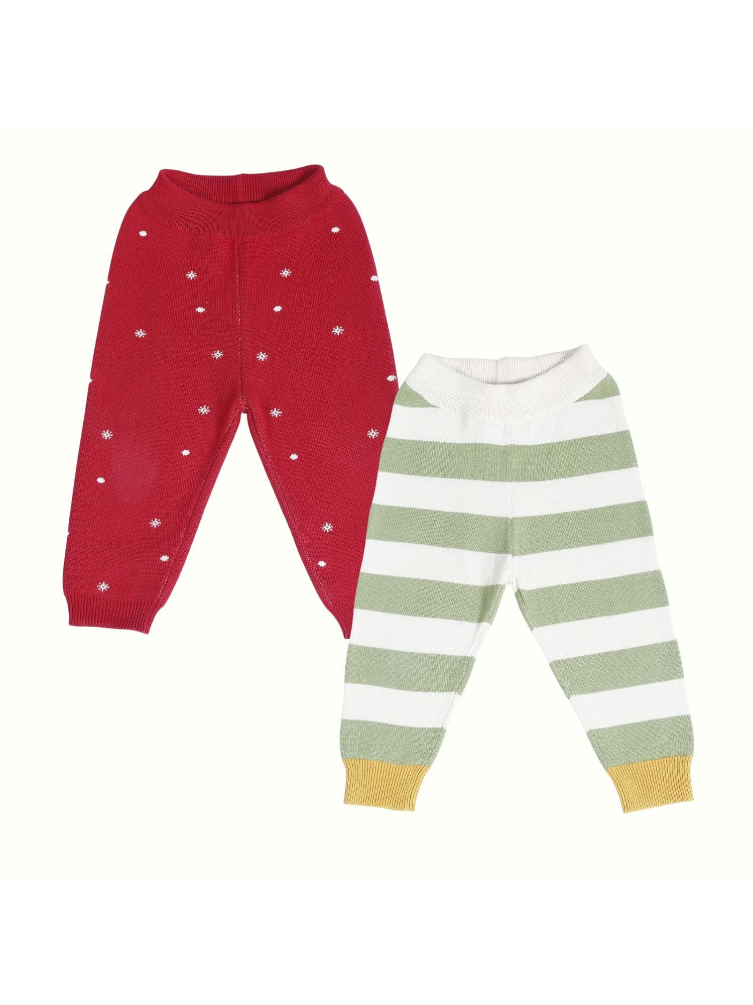 cherry red snow fall & green stripe cotton 2 lowers (set of 2)