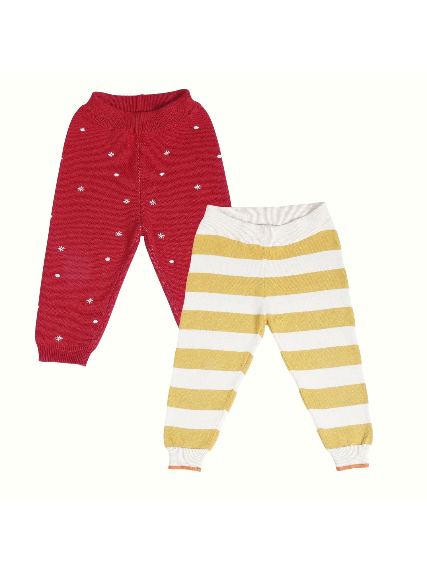 cherry red snow fall & yellow stripe cotton 2 lowers (set of 2)