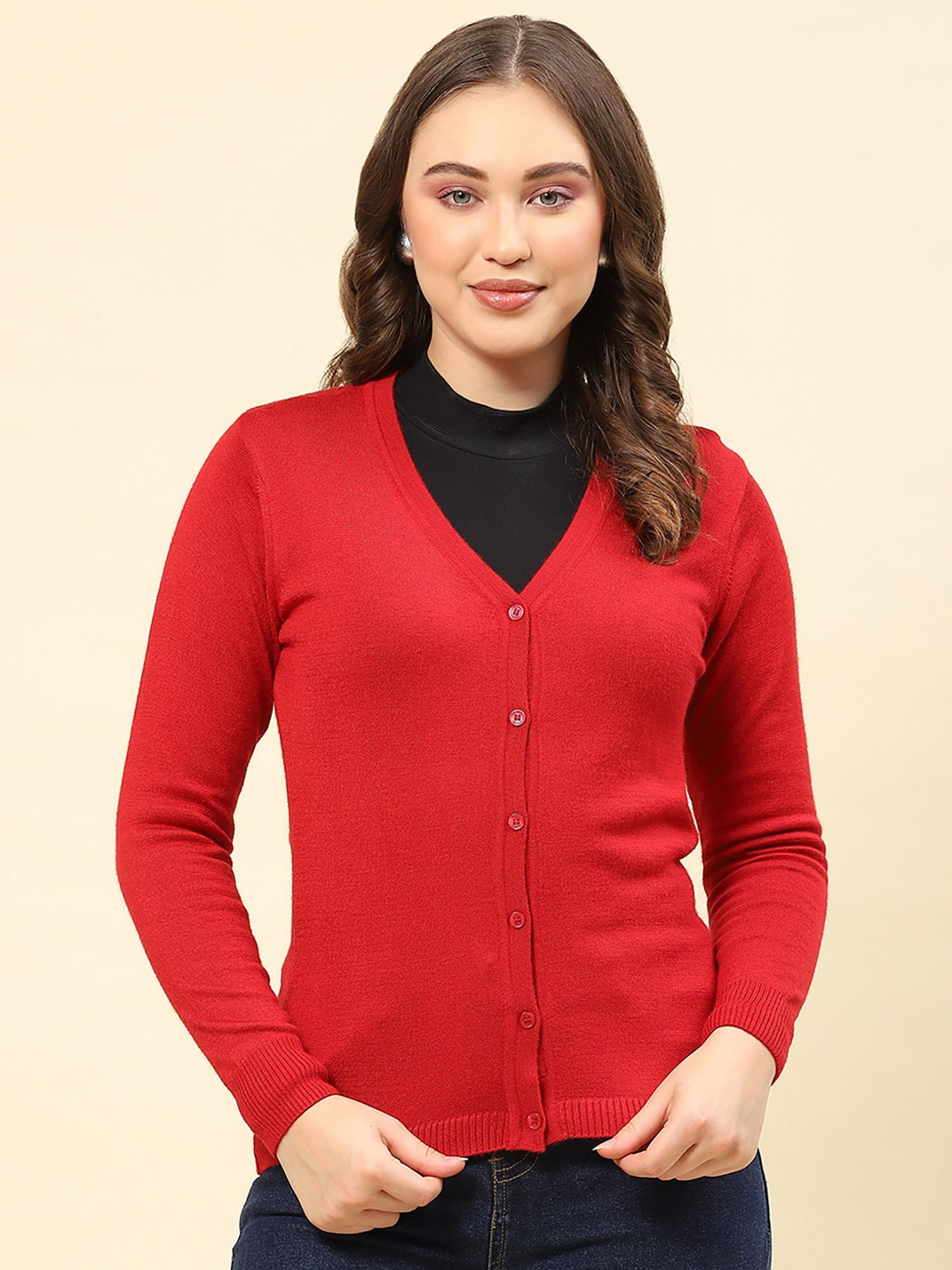 cherry red solid v neck cardigan