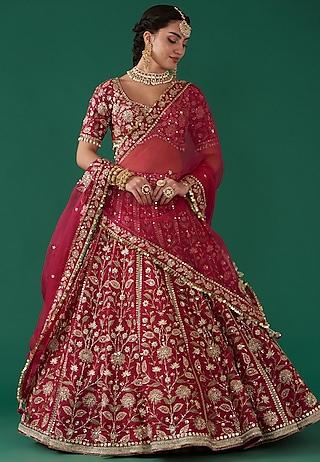 cherry red velvet hand embroidered kalidar lehenga set