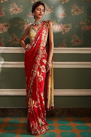 cherry red viscose georgette floral printed pre-draped saree set