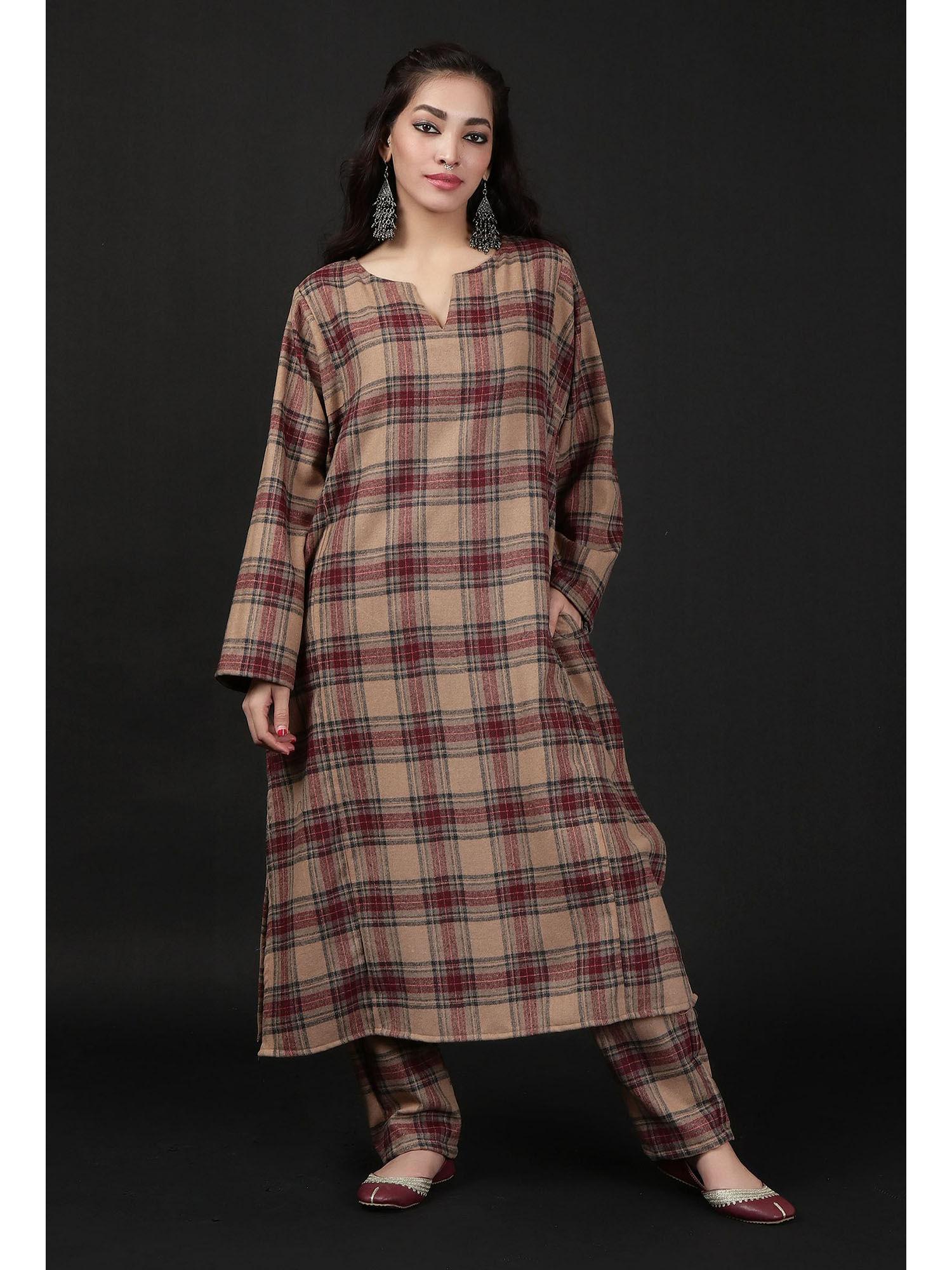 chestnut brown woven tartan checks phiran kurta with pockets