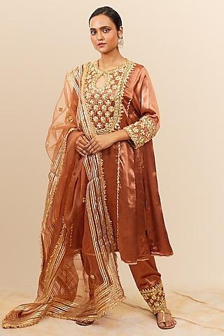 chestnut mashru silk gota & sequins hand embroidered kurta set
