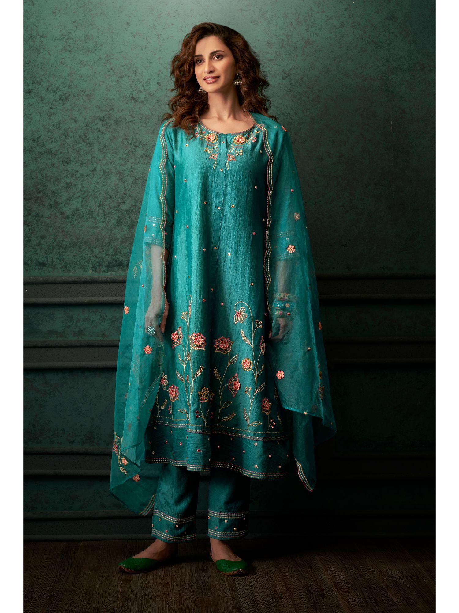 chetna teal full heavy embroidery & handwork suit (set of 3)