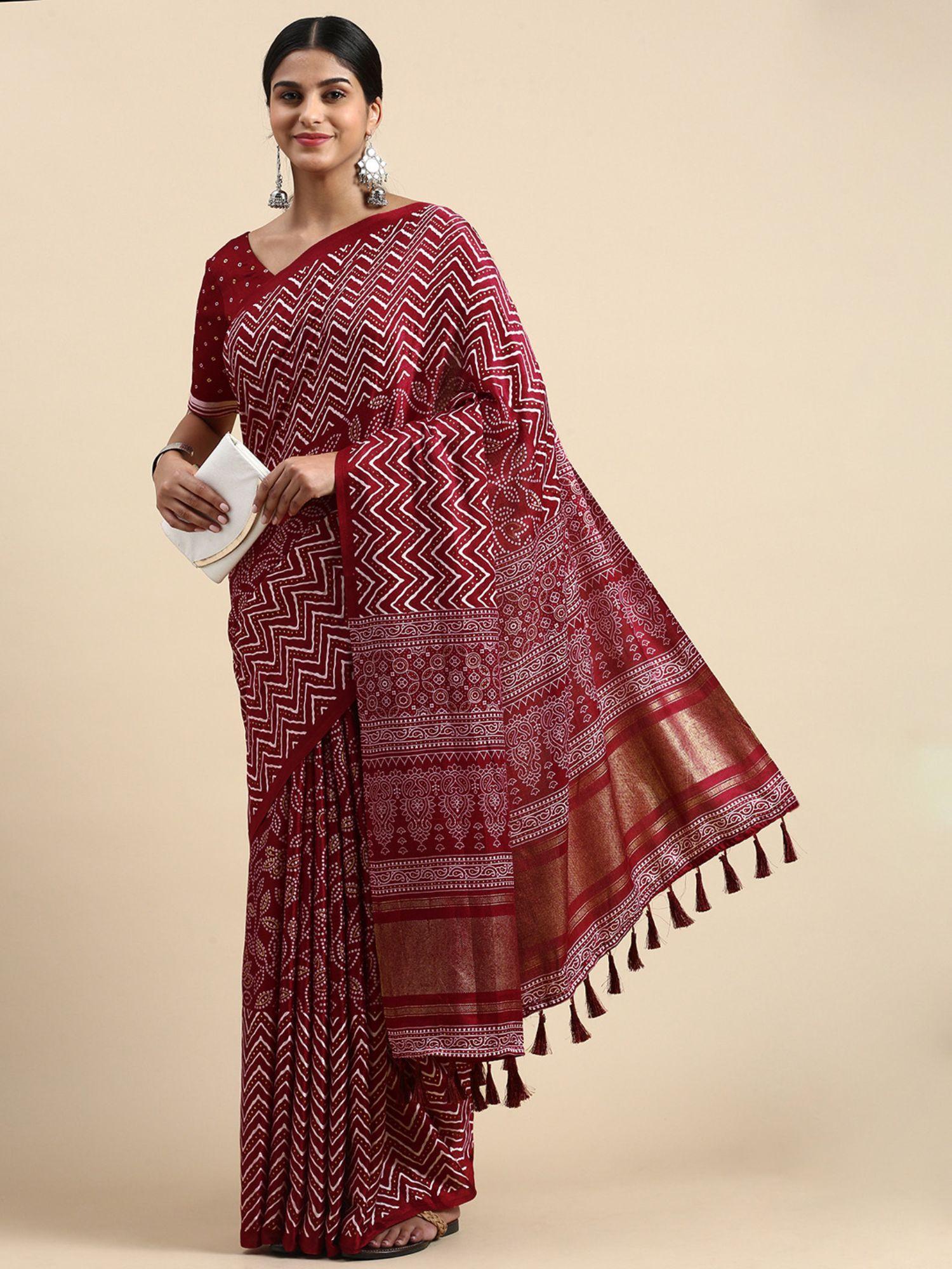 chevron bandhani print designer poly silk saree with unstitched blouse