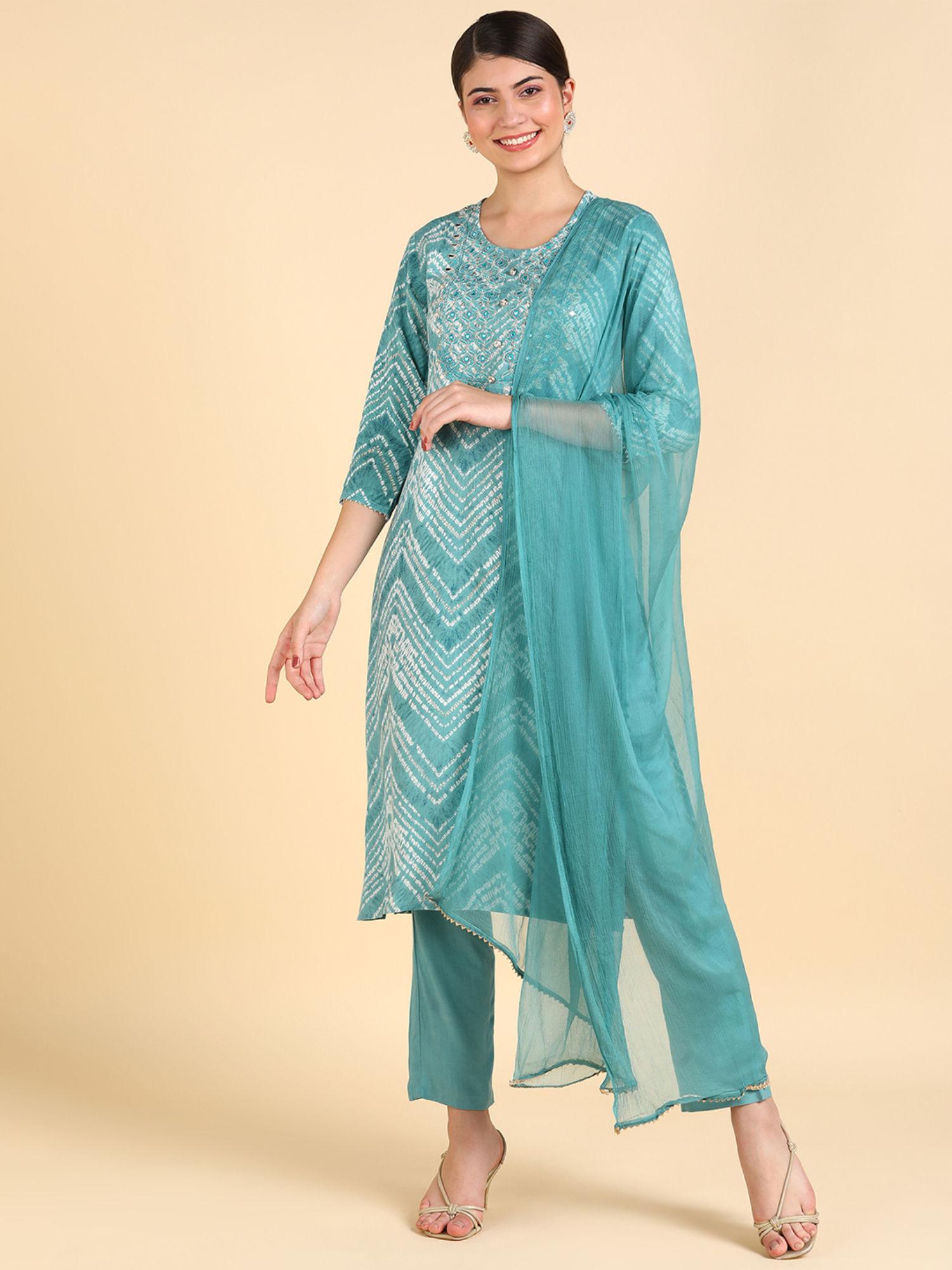 chevron blue rayon kurta & pant with dupatta (set of 3)