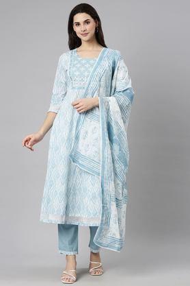 chevron calf length cotton woven women's kurta set - blue