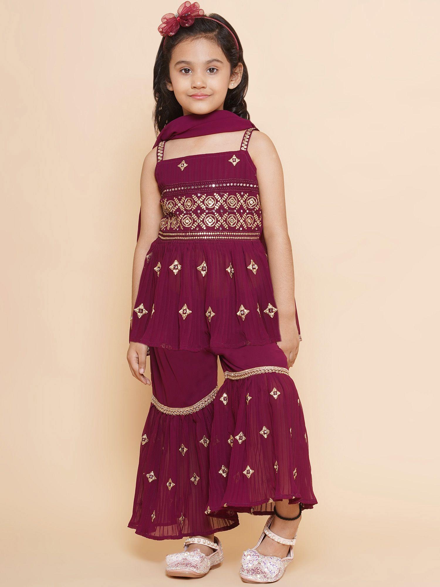 chevron embellished peplum top and pleated sharara - burgundy (set of 3)