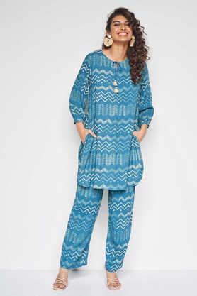 chevron knee length viscose woven women's co-ord set - aqua