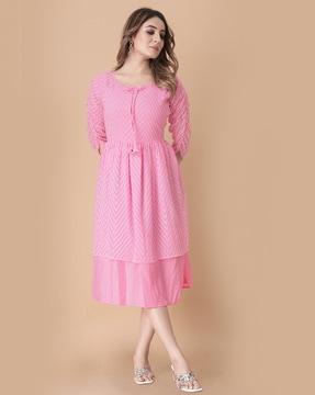 chevron-knit round-neck fit & flare dress