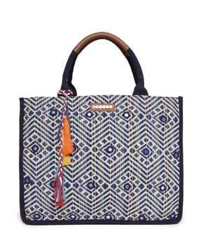 chevron pattern tote bag with tassels accent